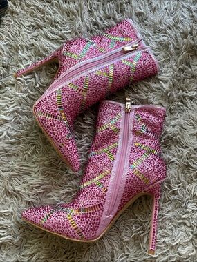 Pink Crystal Embellished Stiletto Ankle Boots with Side Zip